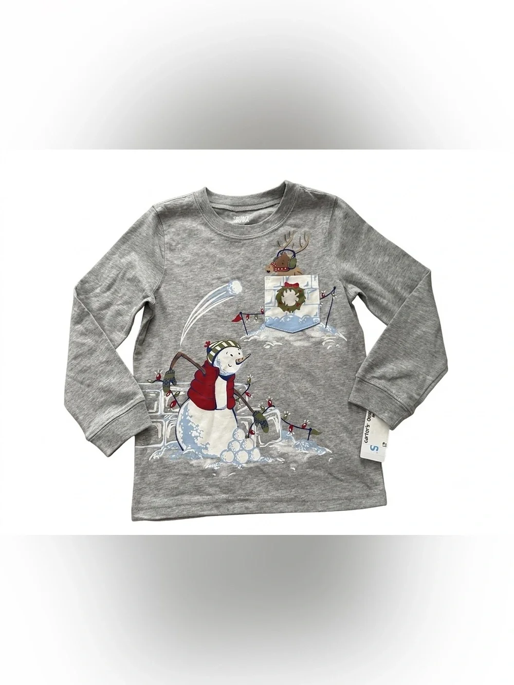 Carter's Gray Long Sleeve Snowman Reindeer Christmas Tee Size 5T NWT
